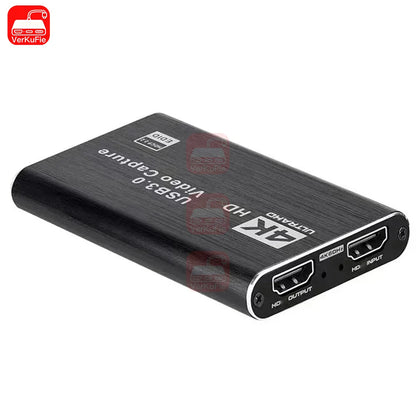 Black rectangular usb 3.0 live streaming grabber with brushed metal finish and multiple hdmi ports for hdtv camera functionality