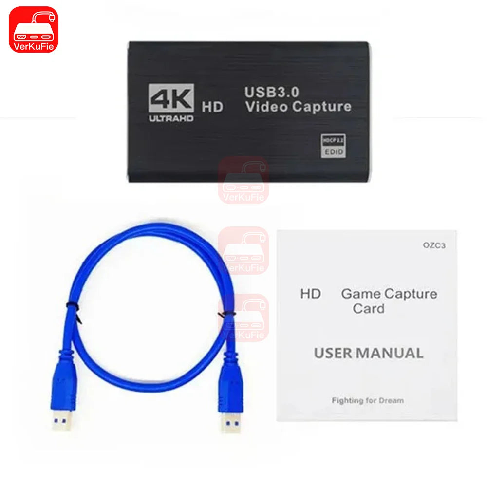Black rectangular 4k usb 3.0 video capture card with silver text and blue usb cable for live streaming grabber recorder and hdtv camera functionality