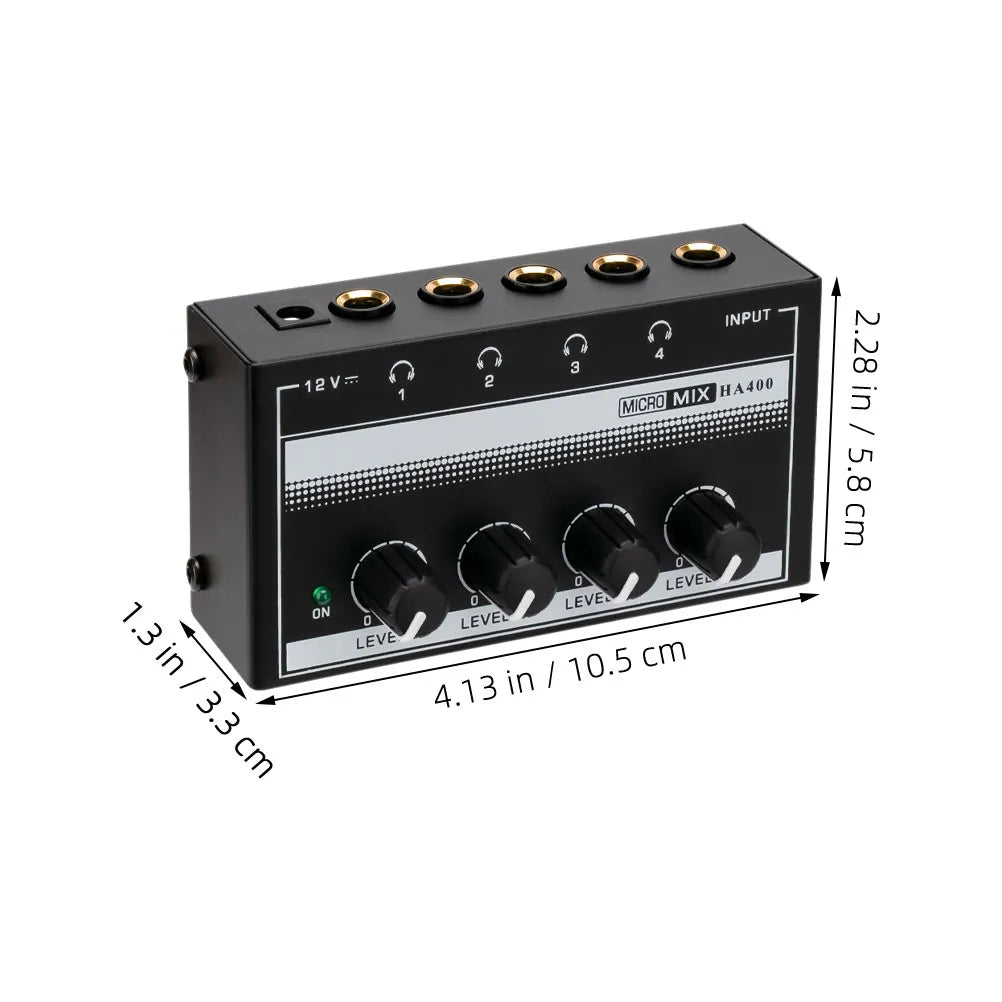 Black micro mix ha400 metal audio mixer with gold input jacks and four black level knobs for recording studio headphone use