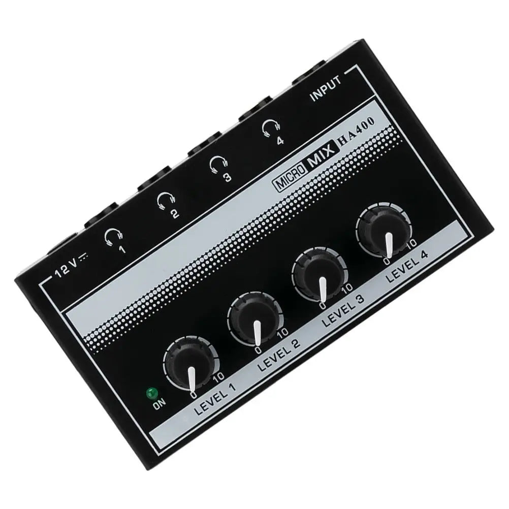 Black metal recording studio headphone amplifier with four input jacks and green power indicator for office headphone splitter