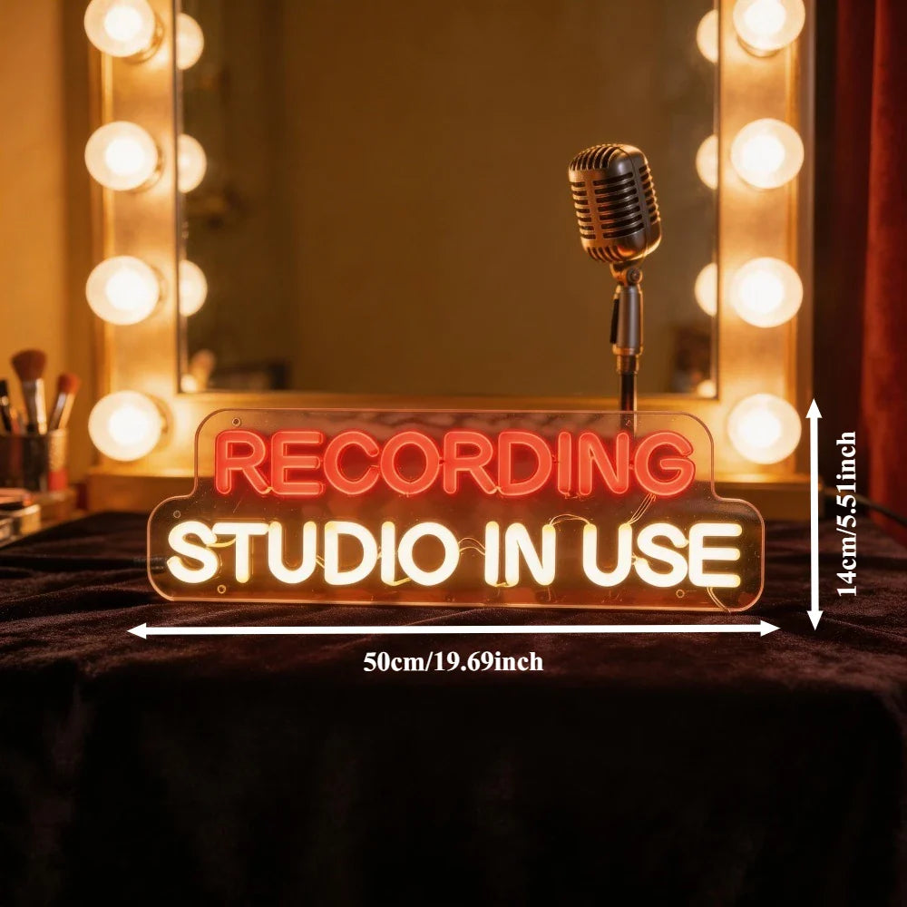 A glowing red and white recording studio neon sign on transparent acrylic with adjustable led letters for music entertainment room