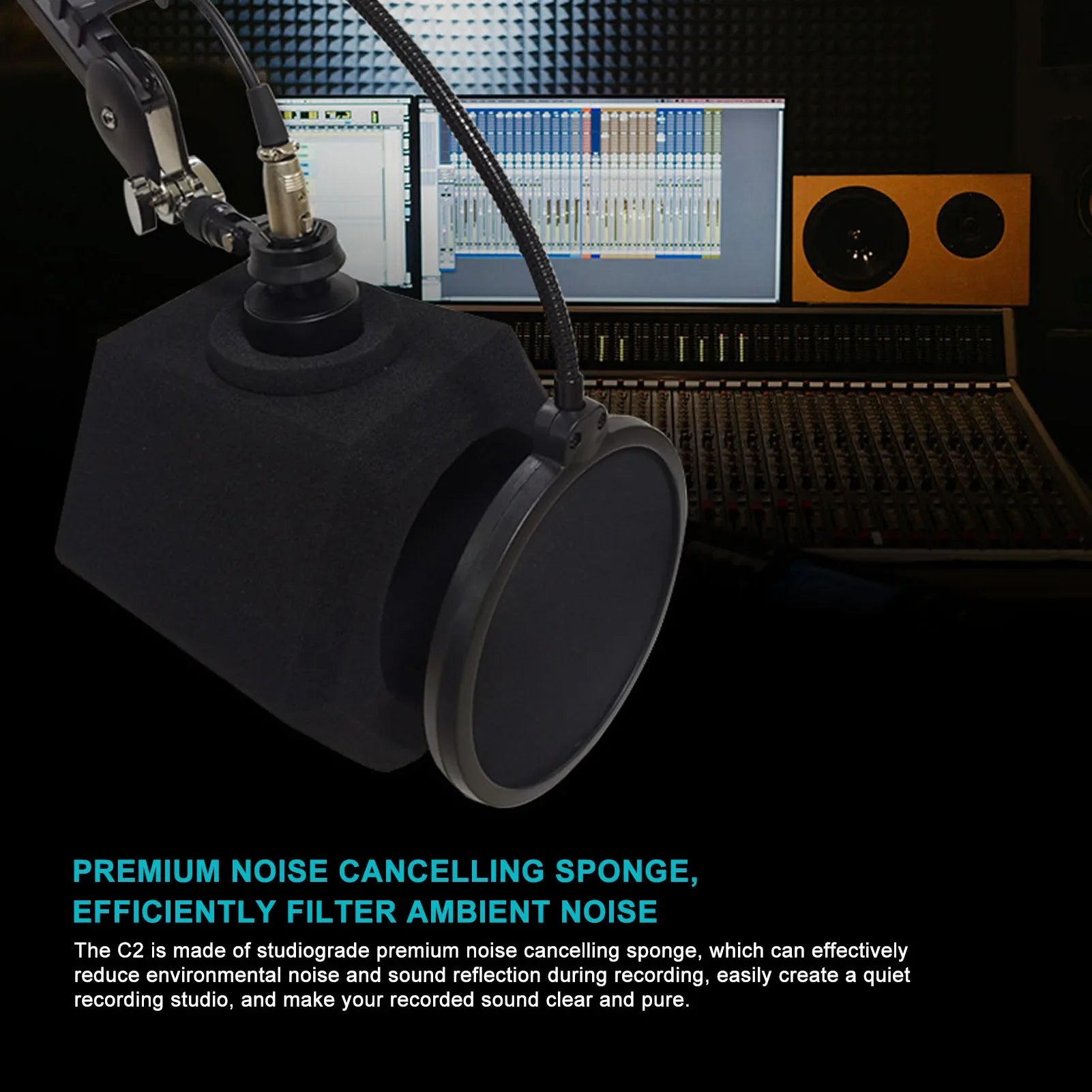 Black studio-grade pop filter with circular mesh and adjustable arm mount for vocal isolation booth reduce distractions