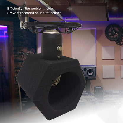 Black hexagonal microphone pop filter with mesh grille and adjustable bracket for vocal isolation booth reduce noise