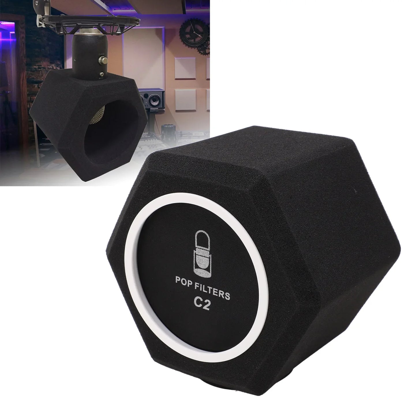 Black hexagonal pop filter with white circular border and silver print designed for vocal isolation booth reduce noise