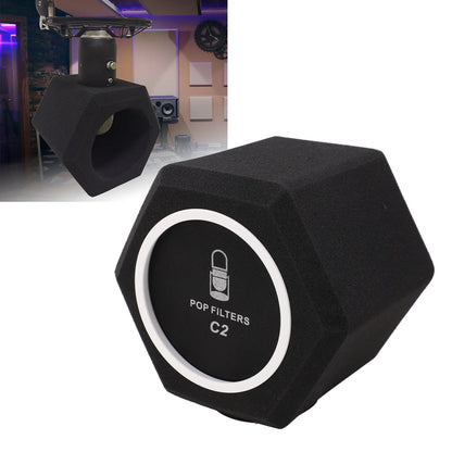 Black hexagonal pop filter with white circular border and silver print designed for vocal isolation booth reduce noise