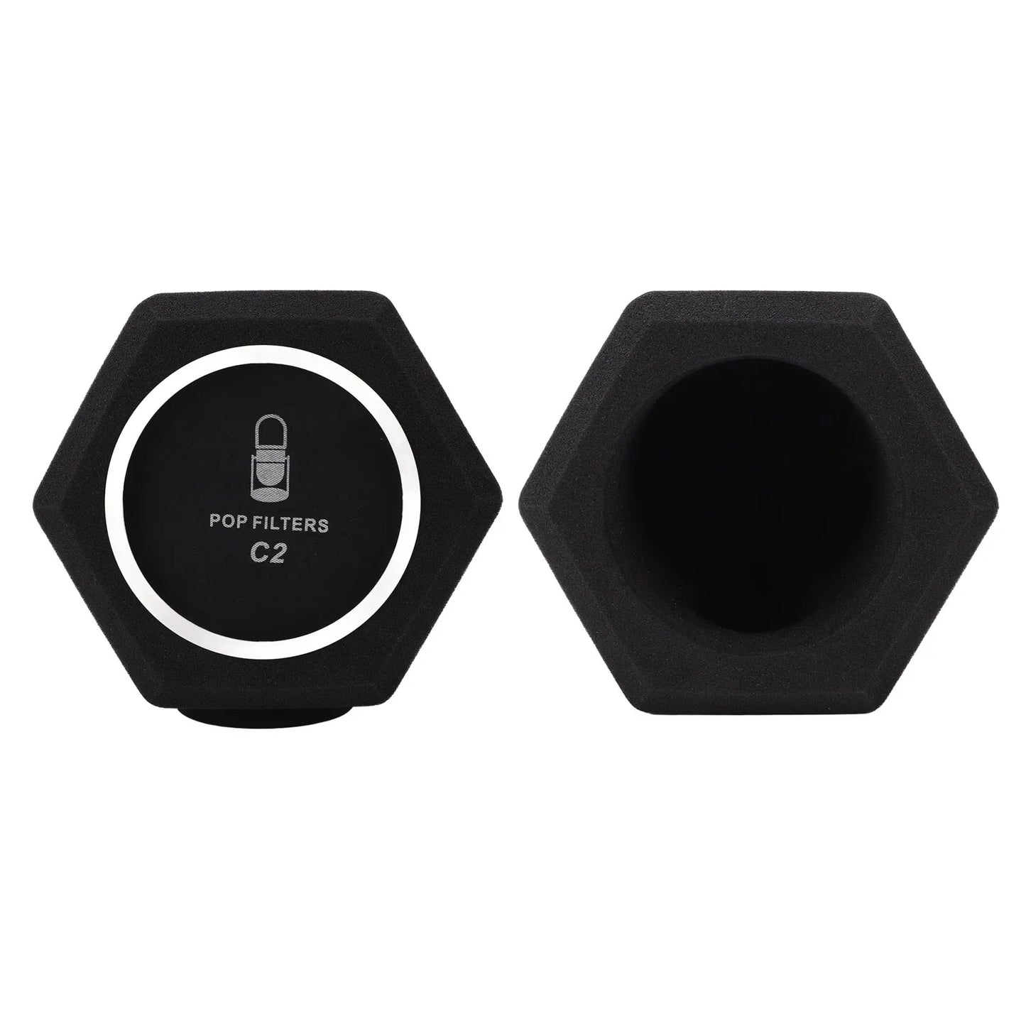 Black hexagonal pop filter with white border and c2 label for vocal isolation booth and windscreen noise cancelling use