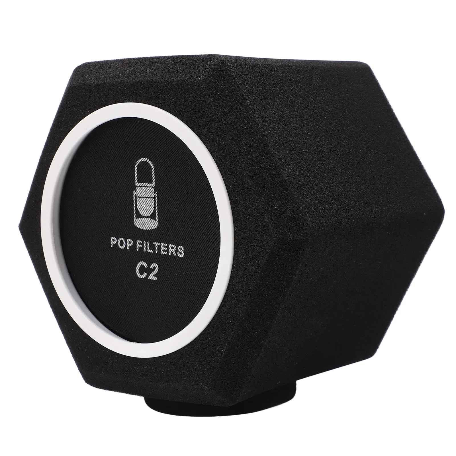Black hexagonal foam pop filter with white circular border and silver text for vocal isolation booth windscreen noise cancelling