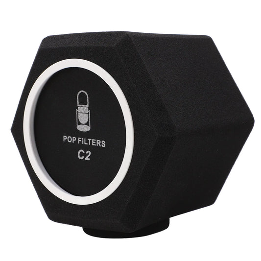 Black hexagonal foam pop filter with white circular border and silver text for vocal isolation booth windscreen noise cancelling