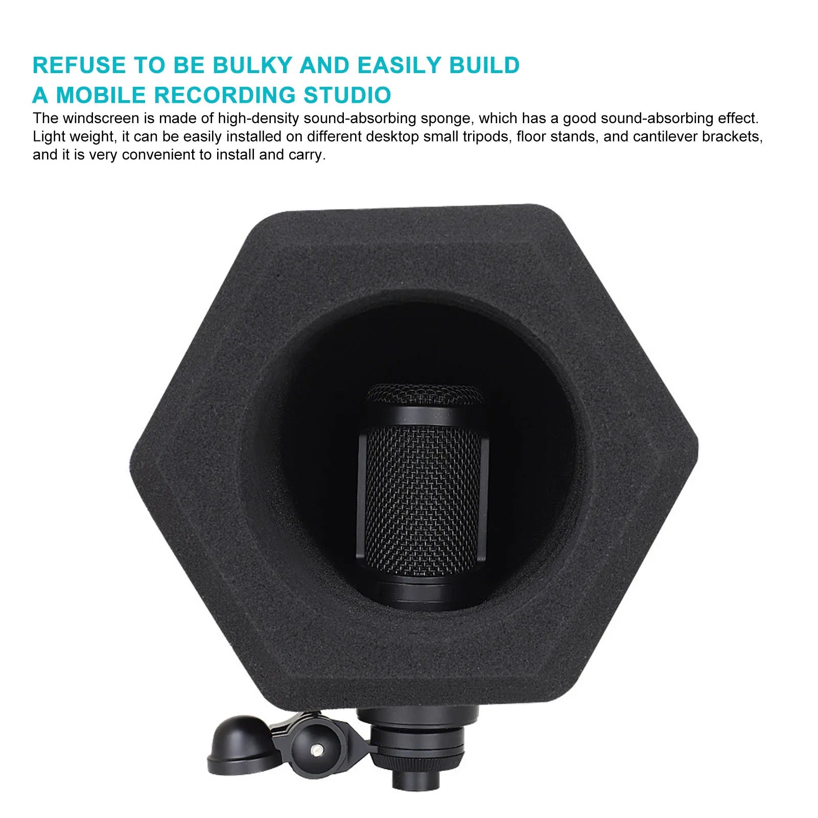 Black hexagonal windscreen noise cancelling made of high-density sound-absorbing sponge for vocal isolation booth