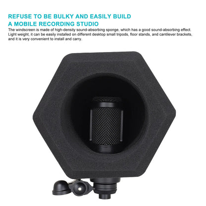 Black hexagonal windscreen noise cancelling made of high-density sound-absorbing sponge for vocal isolation booth