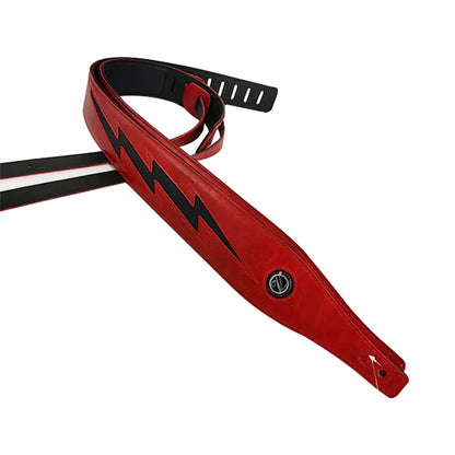 Red leather guitar strap with black lightning bolt design and circular logo made of white PU leather for acoustic electric bass