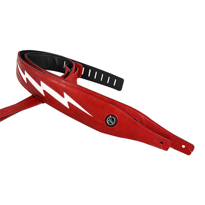 Red leather guitar strap with white pu leather lightning bolt design and black lining for acoustic electric bass