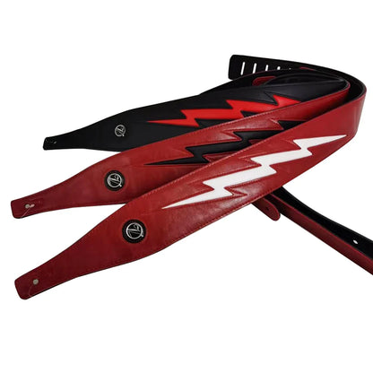 Red and black white pu leather guitar strap with bold lightning bolt design for acoustic electric bass guitars