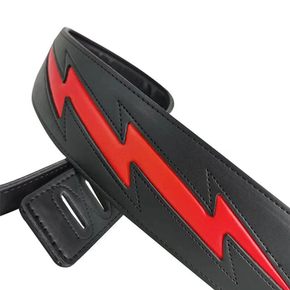 Black leather guitar strap with bold red strap cool lightning design made of white pu leather for acoustic electric bass