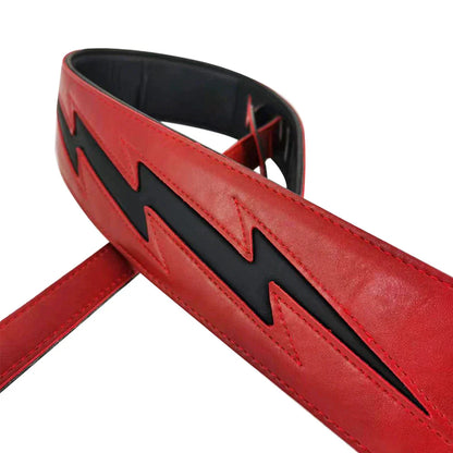 Red leather guitar strap with bold black lightning bolt design made of white pu leather for acoustic electric bass