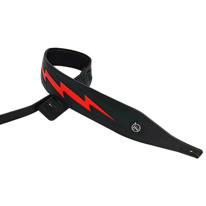Black leather guitar strap with bold red strap cool lightning design and white pu leather adjustable length