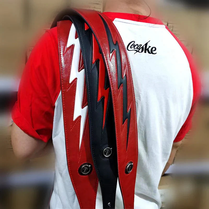 Red and black leather guitar strap with strap cool lightning pattern and silver-toned hardware for acoustic electric bass