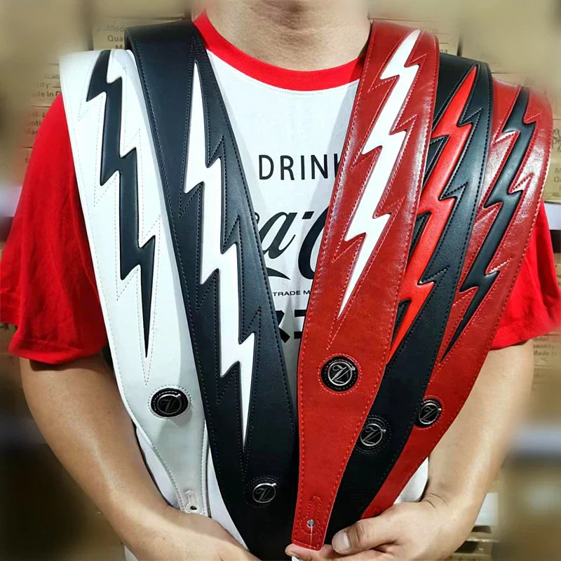 Three adjustable leather guitar straps in white pu leather and red black with strap cool lightning pattern and silver hardware