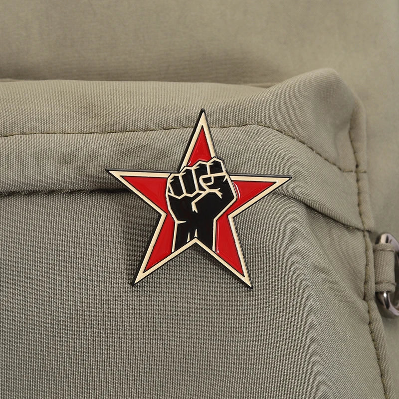 Red star fist enamel pin with black raised fist white outlines and metallic edges for enamel pins rock band brooches lapel
