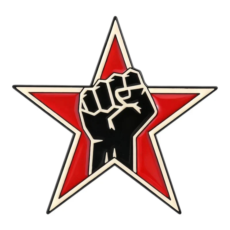 Red star fist enamel pin featuring a black raised fist outlined in cream metal for enamel pins rock band brooches lapel badges