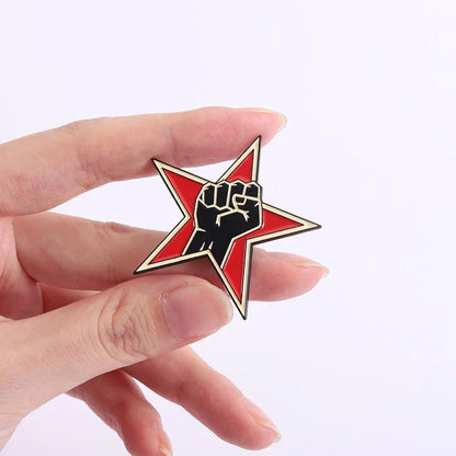 Red star fist enamel pins rock band brooches lapel badges featuring black raised fist design with gold trim