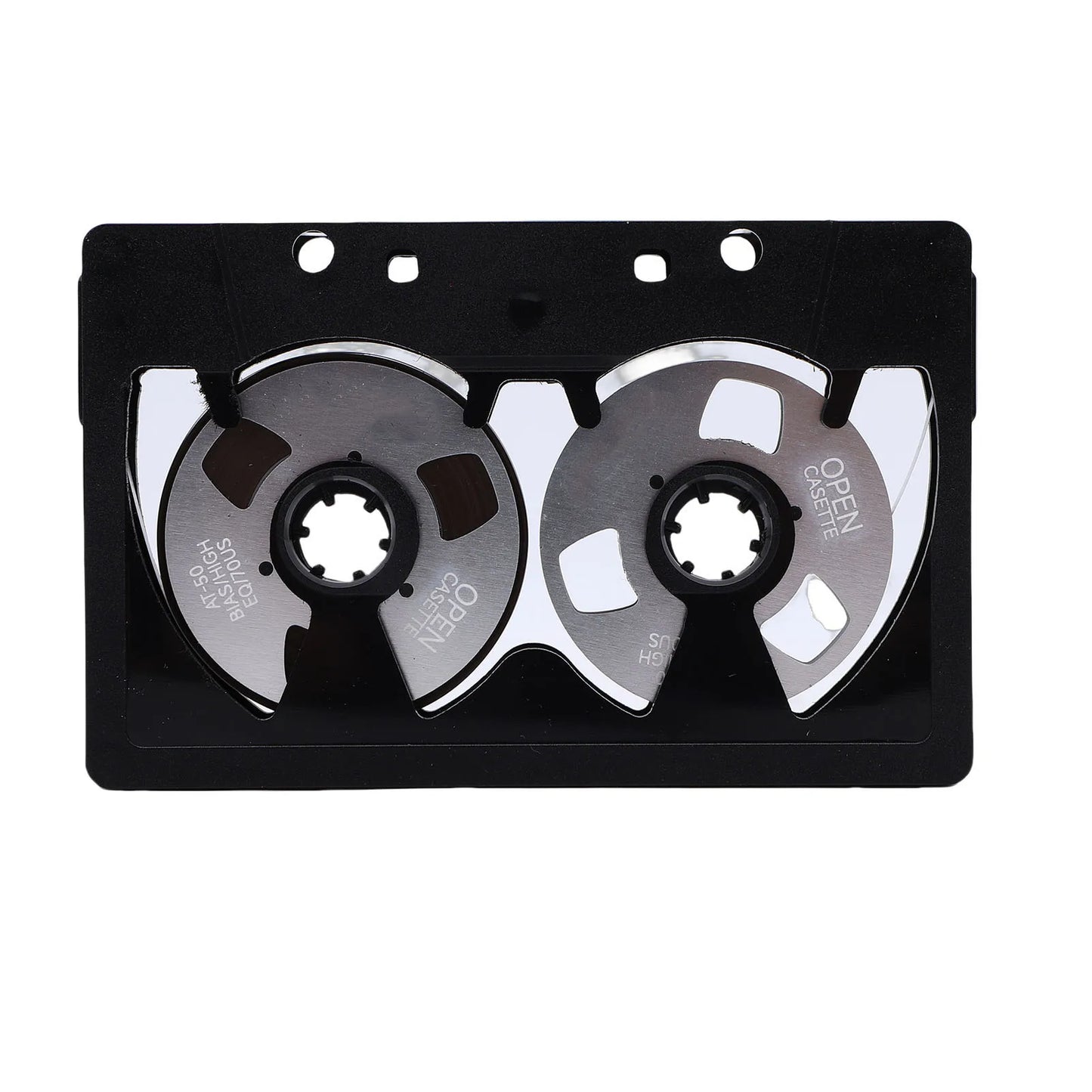Black plastic reel blank cassette tape case with two silver spools for 50 minutes double sided sound recording tape