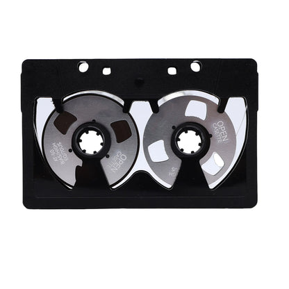 Black plastic reel blank cassette tape case with two silver spools for 50 minutes double sided sound recording tape