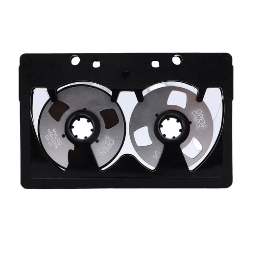 Black plastic blank cassette tape case with silver spools and open cassette labels for sound recording tape use