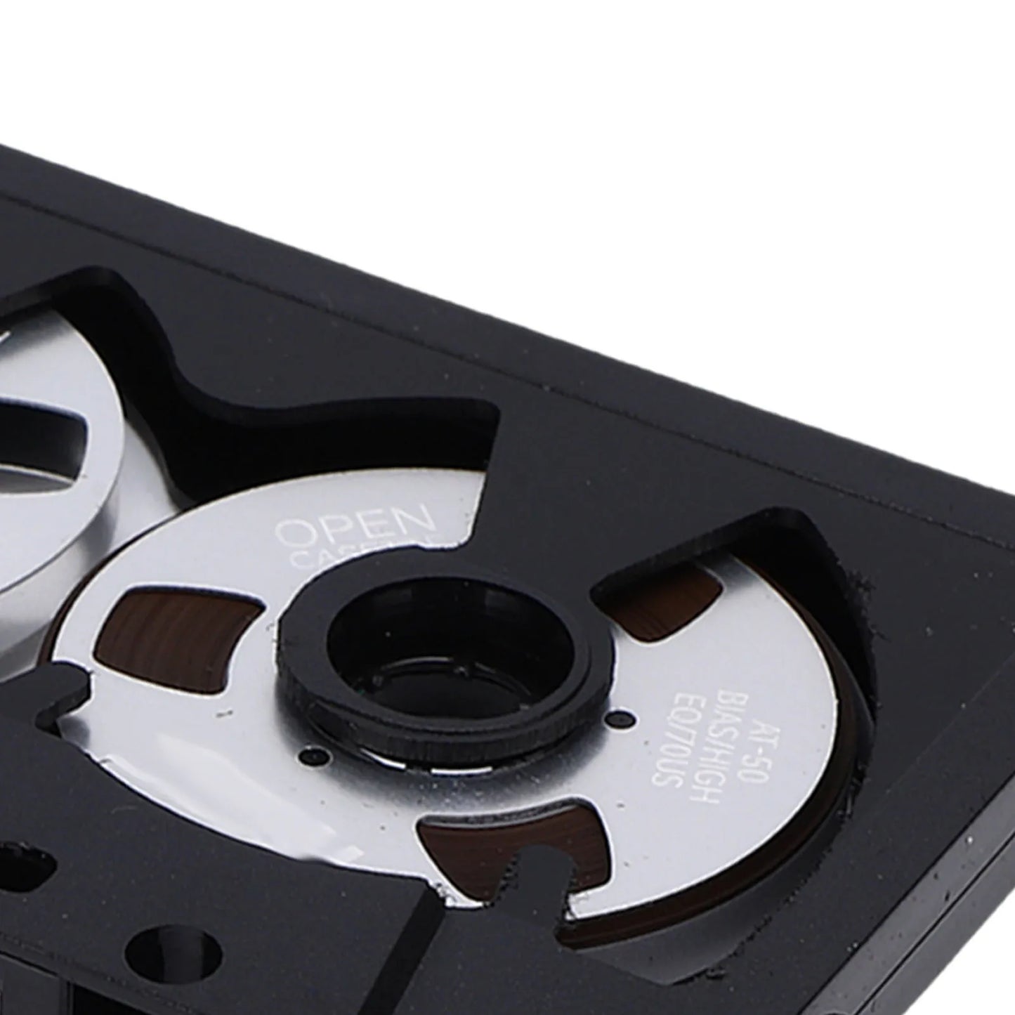 Black plastic reel blank cassette tape deck with silver metallic reels for 50 minutes double sided sound recording tape