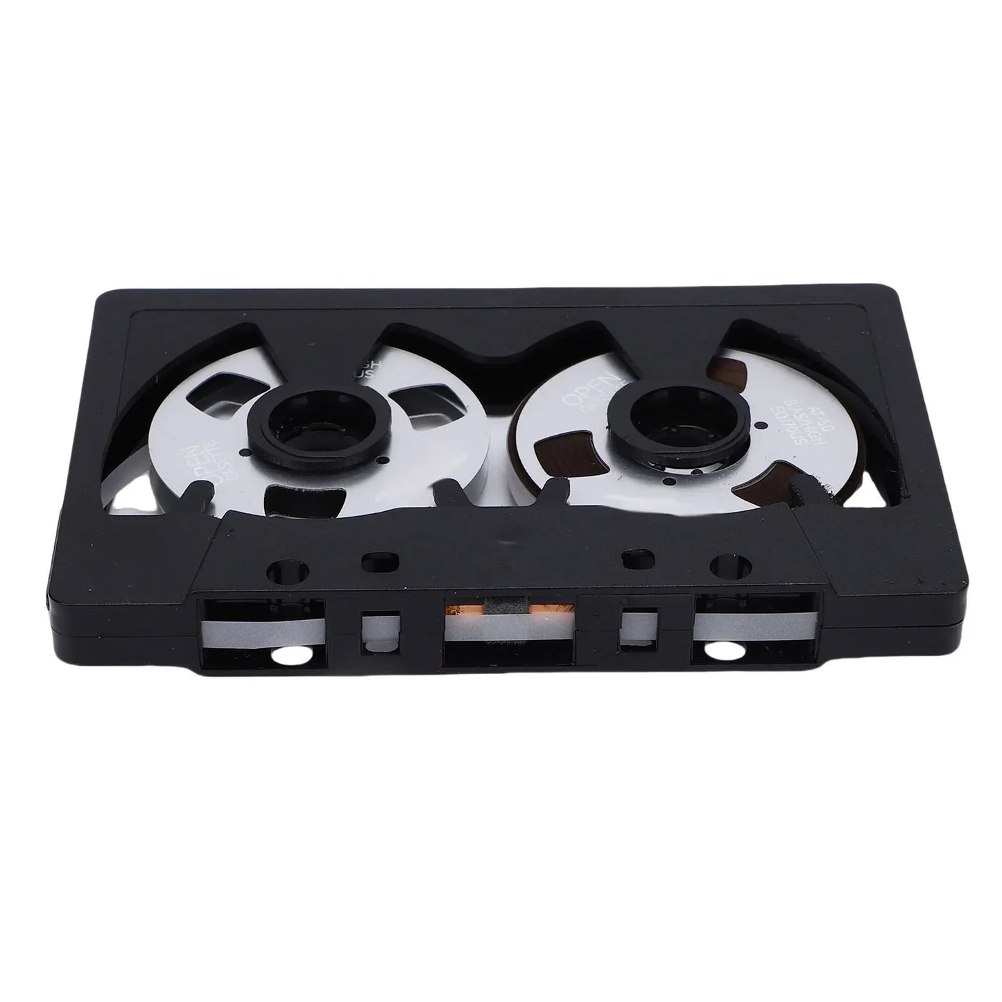 Black plastic reel blank cassette tape with silver spools and orange magnetic strip for sound recording tape use