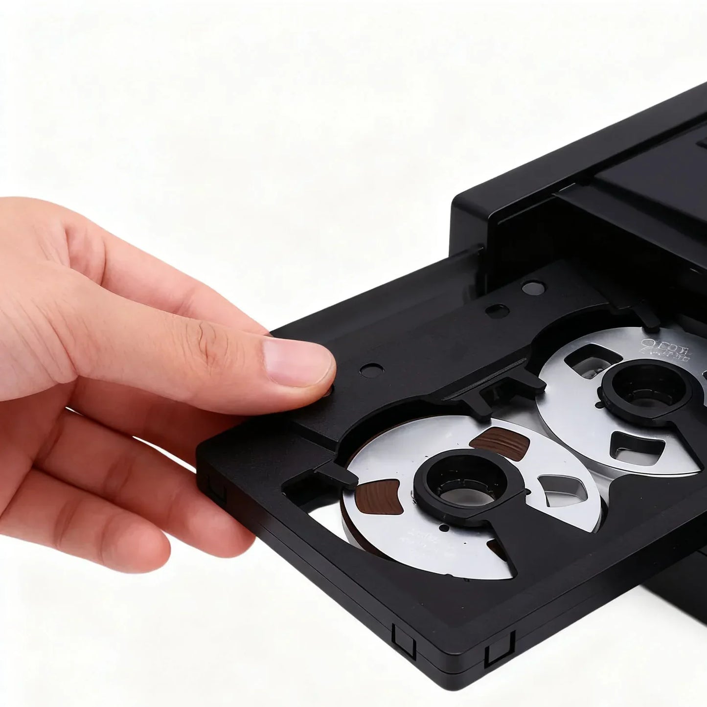 Black plastic blank cassette tape with silver spools and brown magnetic sound recording tape for music and speech