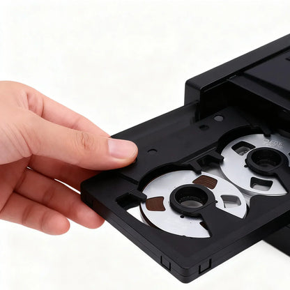 Black plastic blank cassette tape with silver spools and brown magnetic sound recording tape for music and speech