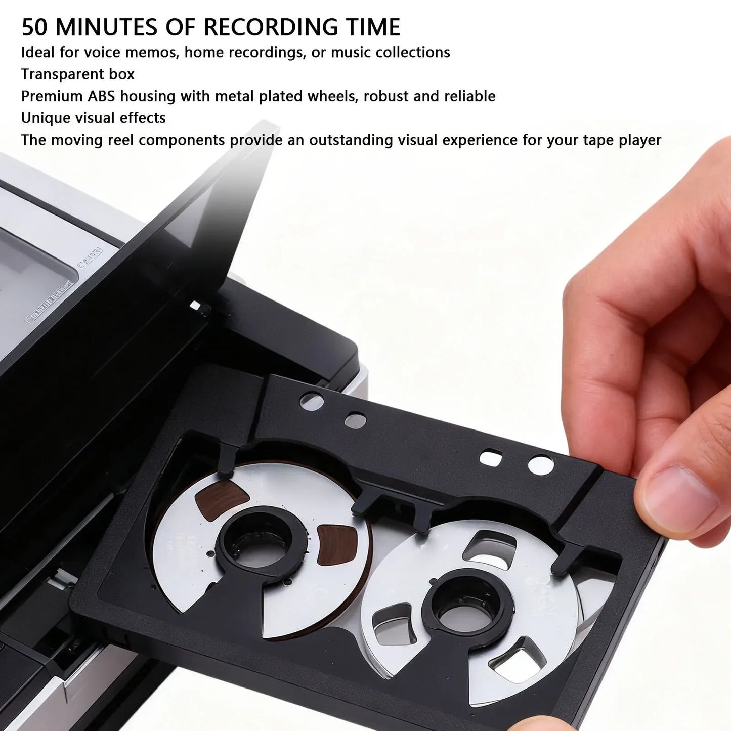Black and silver reel blank cassette tape player with transparent abs housing and metal-plated wheels for sound recording tape
