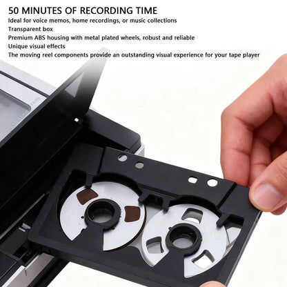 Black and silver reel blank cassette tape player with transparent abs housing and metal-plated wheels for sound recording tape