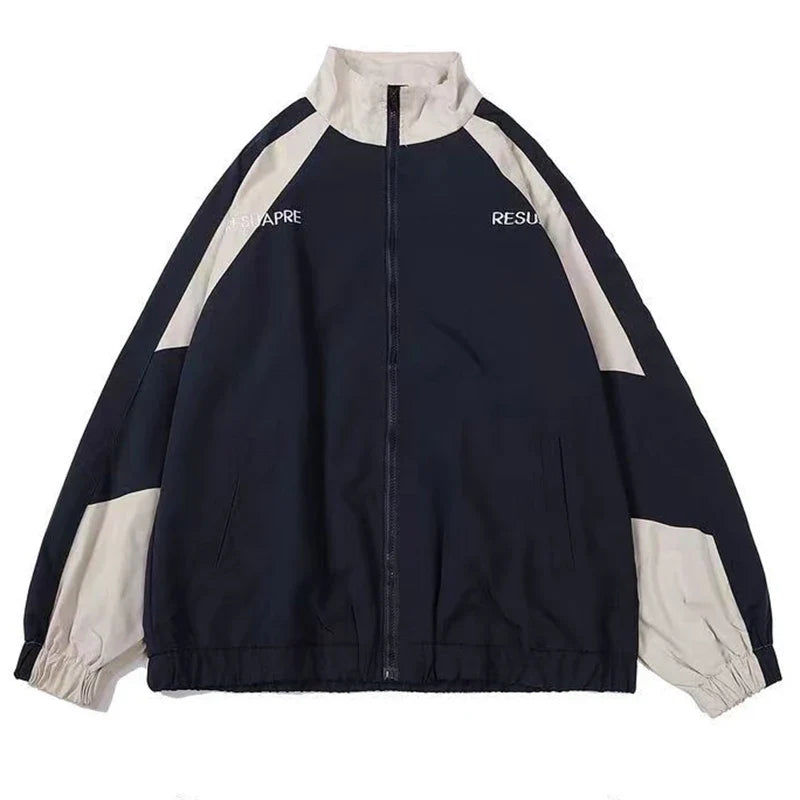 Navy blue and cream reflective striped jacket with white lettering hip hop streetwear coats sports black zipper up jacket