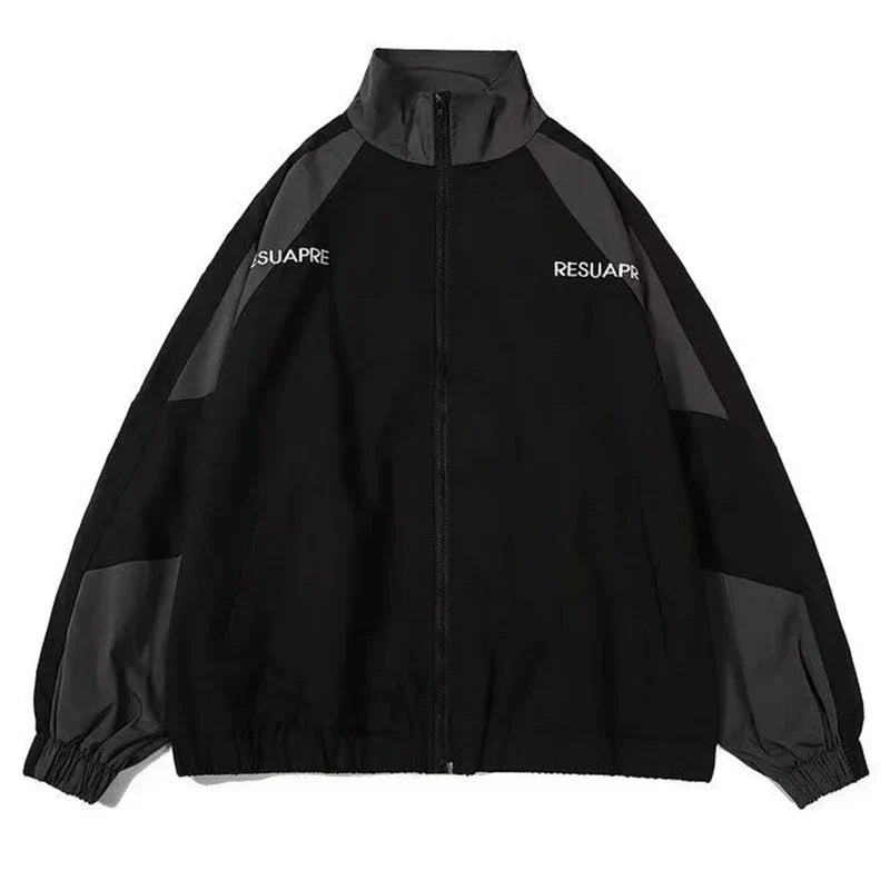 Black and dark gray two-tone reflective striped jacket with contrasting panels for hip hop streetwear coats sports black