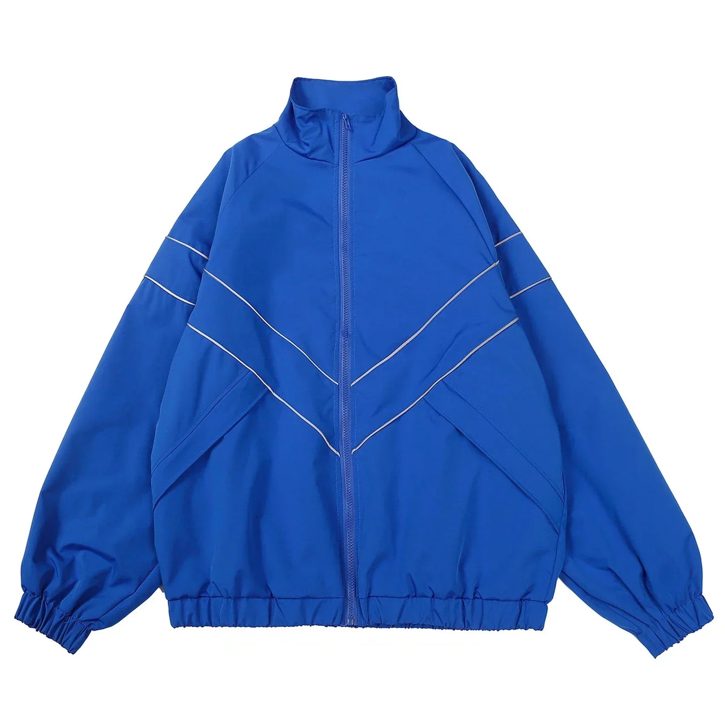 Vibrant royal blue reflective striped jacket with white diagonal seams and elastic cuffs for hip hop streetwear coats sports black style