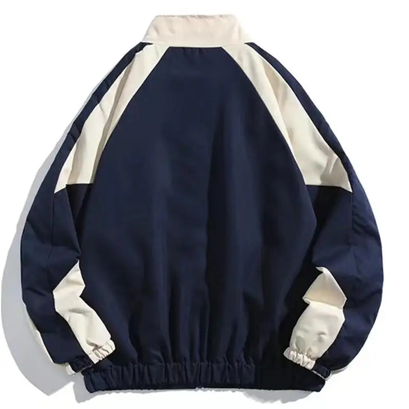 Navy blue and cream two-tone reflective striped jacket with elastic cuffs and waistband for hip hop streetwear coats sports black
