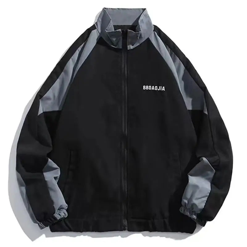 Black and gray two-tone reflective striped jacket with full zipper ribbed cuffs and hip hop streetwear style coats sports black