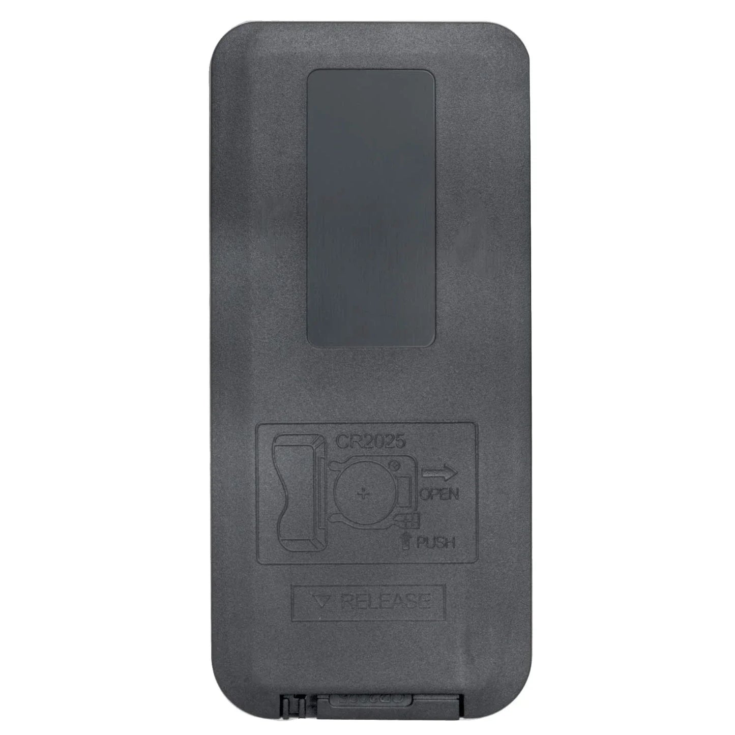 Black plastic battery compartment cover with embossed cr2032 insertion instructions on back of jbl home cinema soundbar remote control