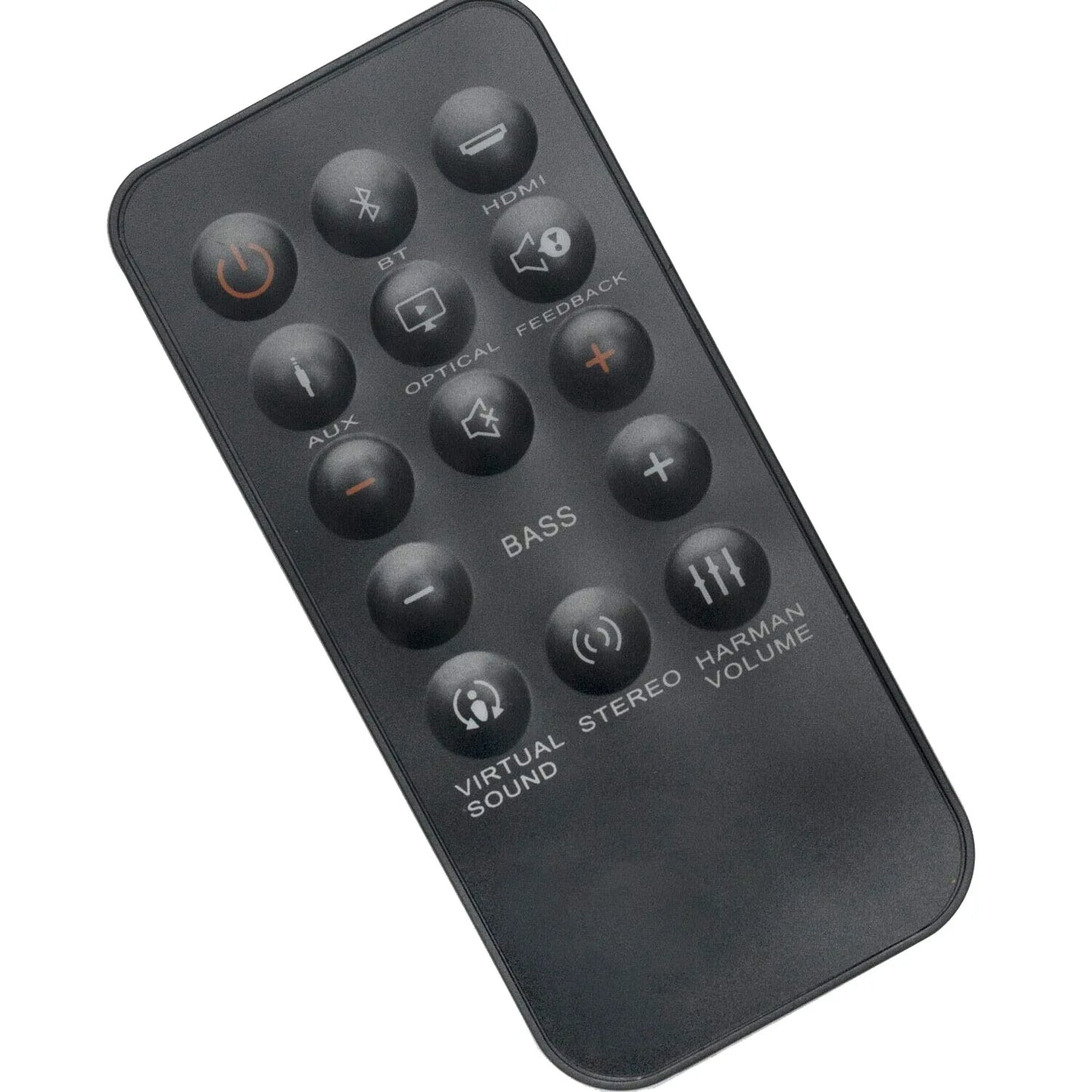 Black plastic remote control with rounded edges and buttons for power bluetooth hdmi volume bass for jbl home cinema soundbar sb350