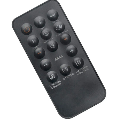 Black plastic remote control with rounded edges and buttons for power bluetooth hdmi volume bass for jbl home cinema soundbar sb350