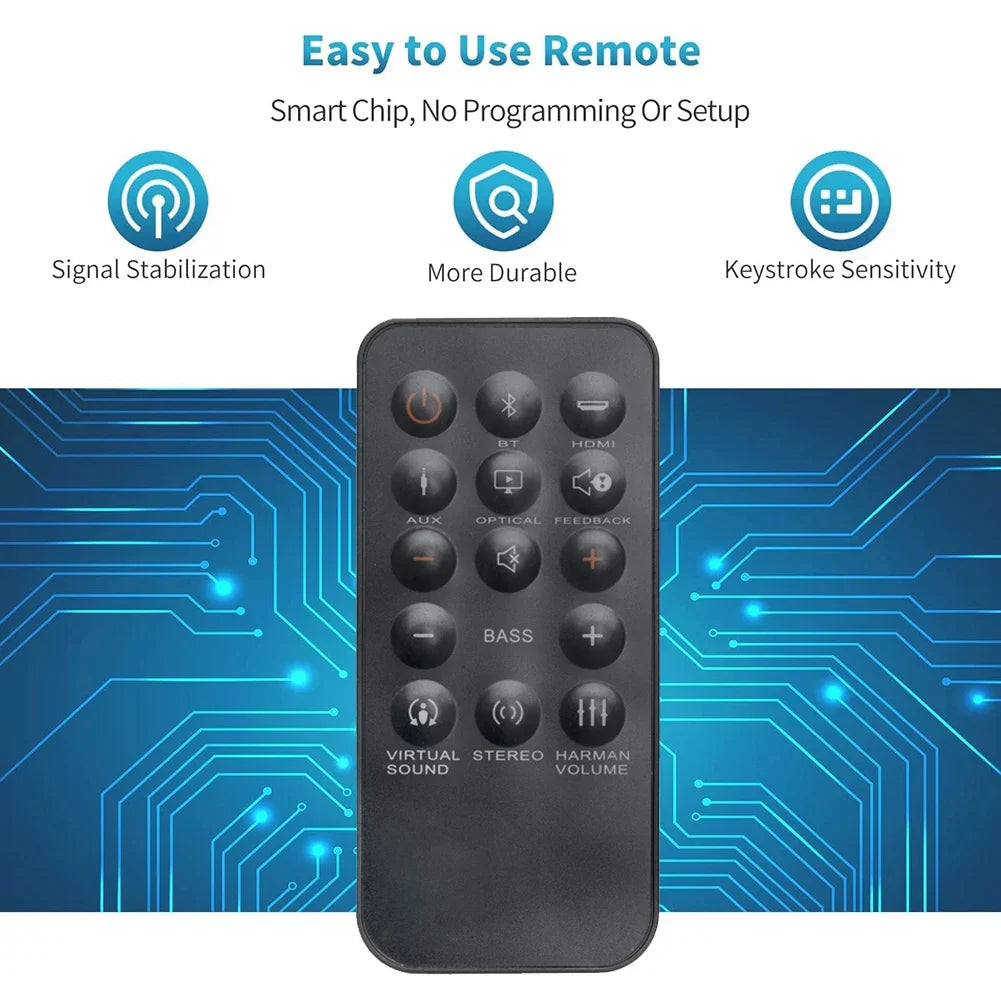 Black remote control with rounded edges and circular buttons for jbl home cinema soundbar sb350 and sb250 functions
