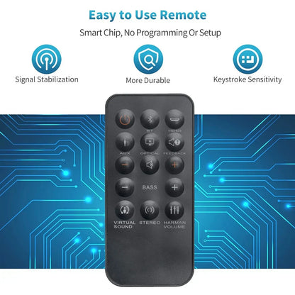 Black remote control with rounded edges and circular buttons for jbl home cinema soundbar sb350 and sb250 functions