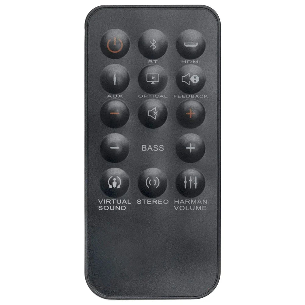 Black remote control with rounded edges and circular buttons for power bluetooth hdmi and volume for jbl home cinema soundbar sb350