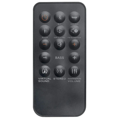 Black remote control with rounded edges and circular buttons for power bluetooth hdmi and volume for jbl home cinema soundbar sb350
