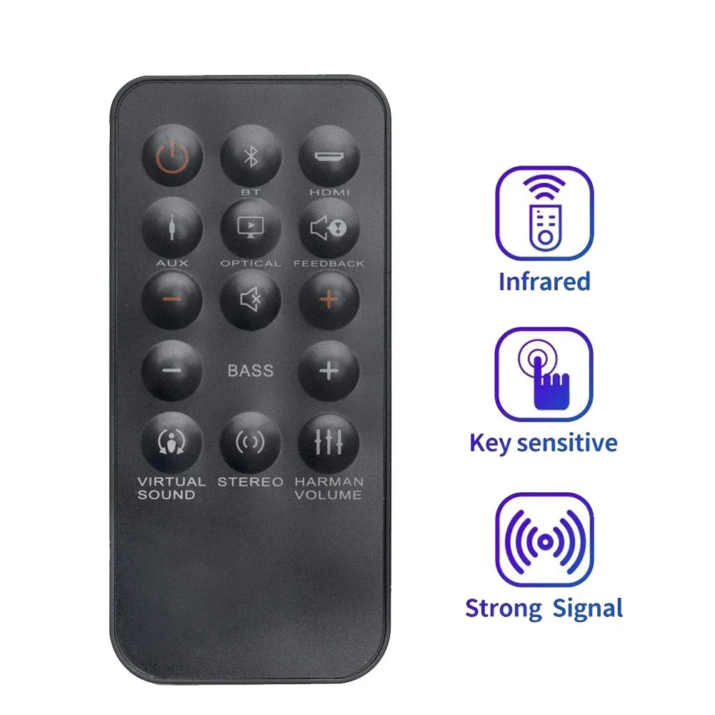 Black remote control with rounded edges and circular buttons for power bluetooth and volume for jbl home cinema soundbar sb350