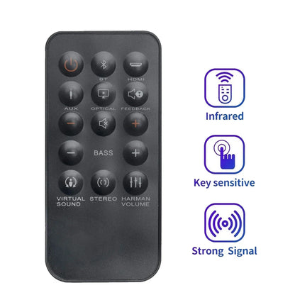 Black remote control with rounded edges and circular buttons for power bluetooth and volume for jbl home cinema soundbar sb350