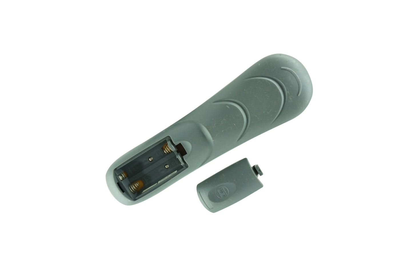 Gray plastic remote control for kenwood krf-x9070d krf-v8070ds with curved ergonomic design and two exposed battery compartments back side