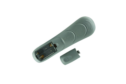 Gray plastic remote control for kenwood krf-x9070d krf-v8070ds with curved ergonomic design and two exposed battery compartments back side